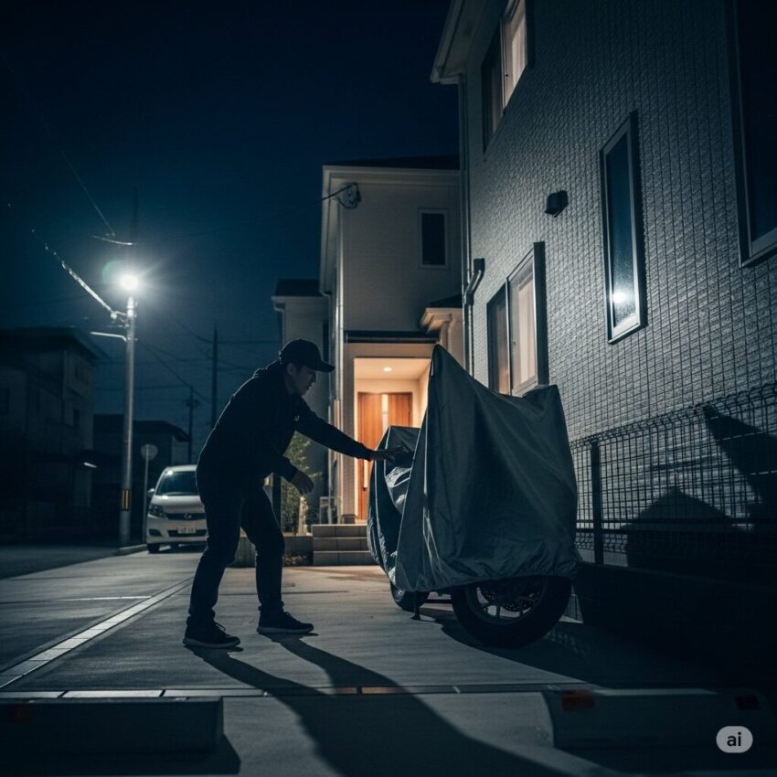 夜の住宅街でバイクを盗もうとしている泥棒