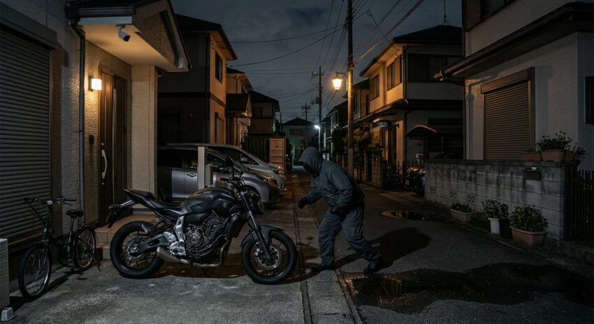 バイクに近づく怪しい人影