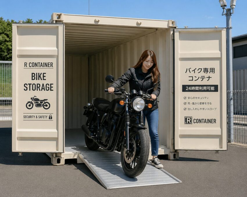 バイクコンテナからバイクを出す女性