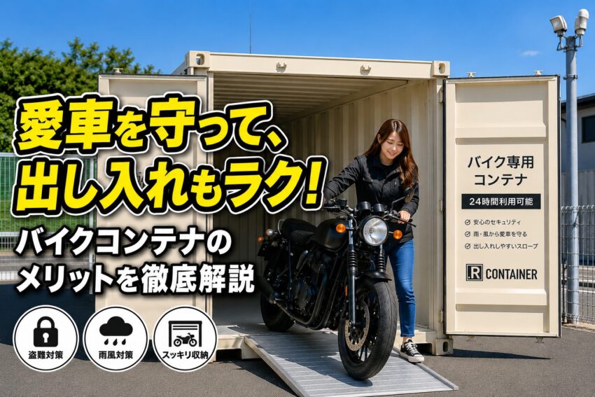 バイクコンテナからバイクを出す女性