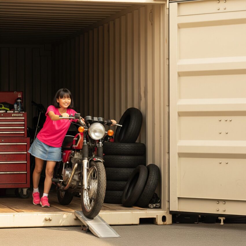 バイクコンテナからバイクを出す少女